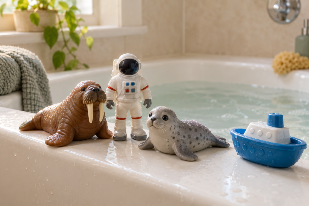 Bath toys including a walrus, astronaut, seal and blue boat on the edge of a bathtub